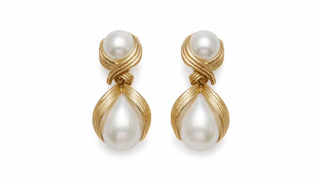 Golden Pearl Teardrop- double drop earrings by Buddhu, product view