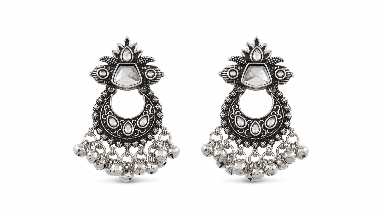 Royal Lotus Oxidised -Chandbali in Oxidized silver earrings by Buddhu, product view
