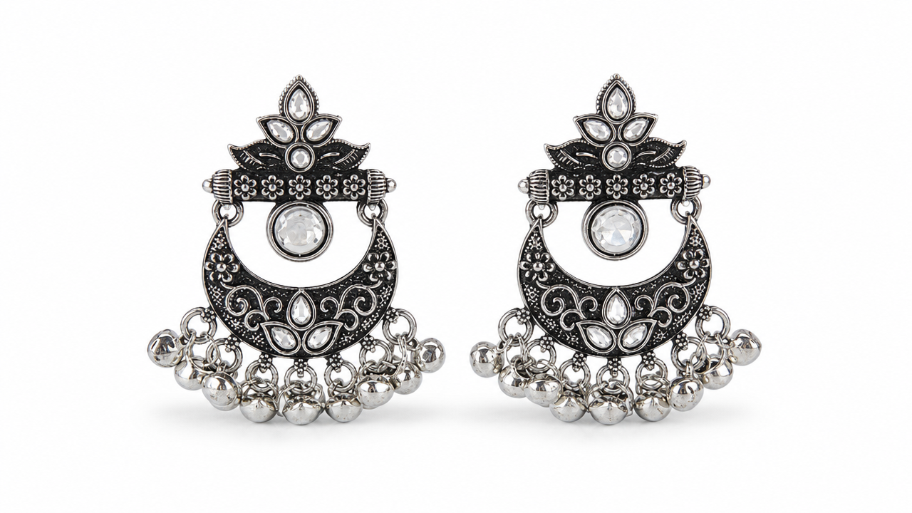 Silver Bloom Floral Ghungroo Chandbali in Oxidized silver product image