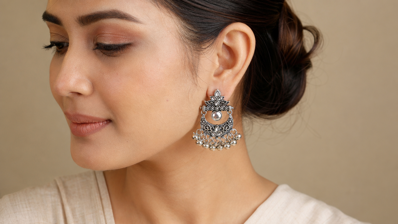 Silver Bloom Floral Ghungroo Chandbali worn styling view
