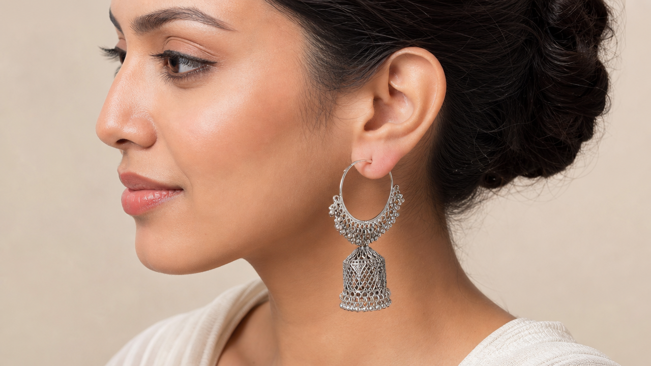 Classic Silver Hoop Jhumka worn styling view