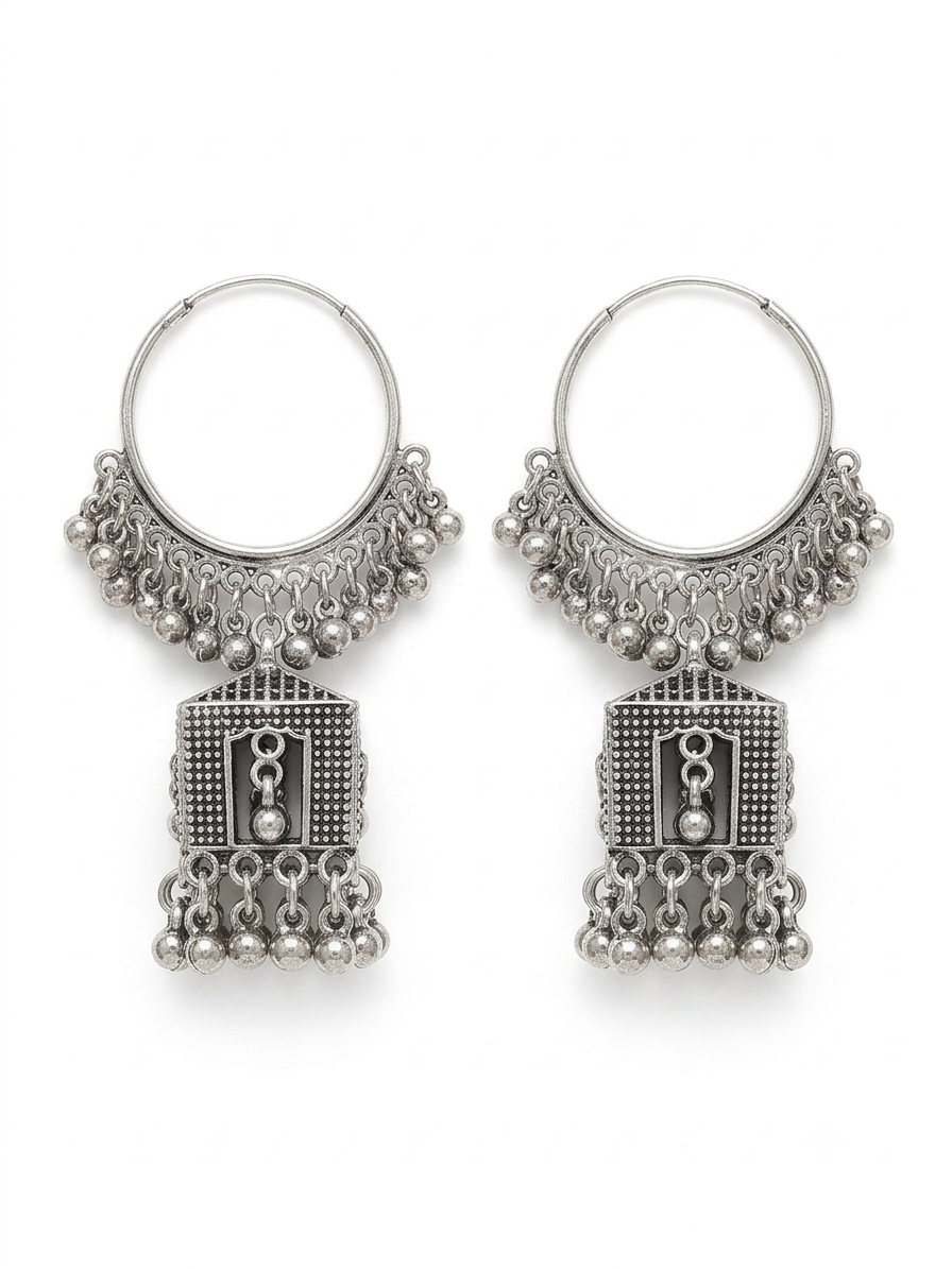 Temple Charm Rectangular Jhumka in Oxidized silver product image