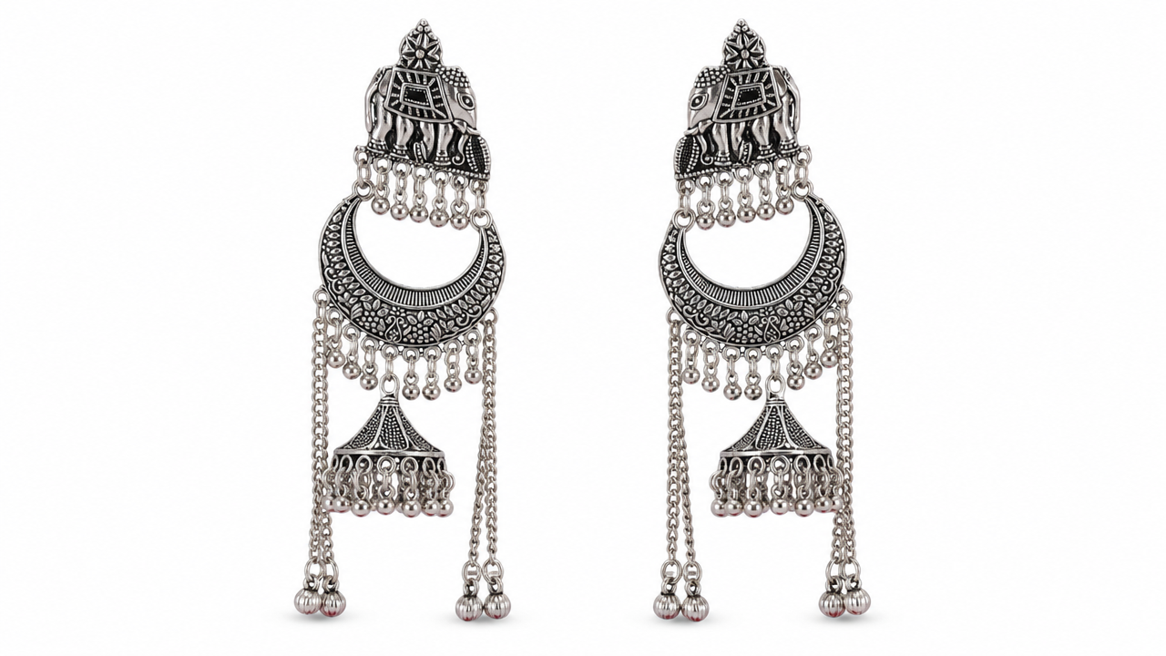 Royal Elephant Long Chandbali in Oxidized silver product image