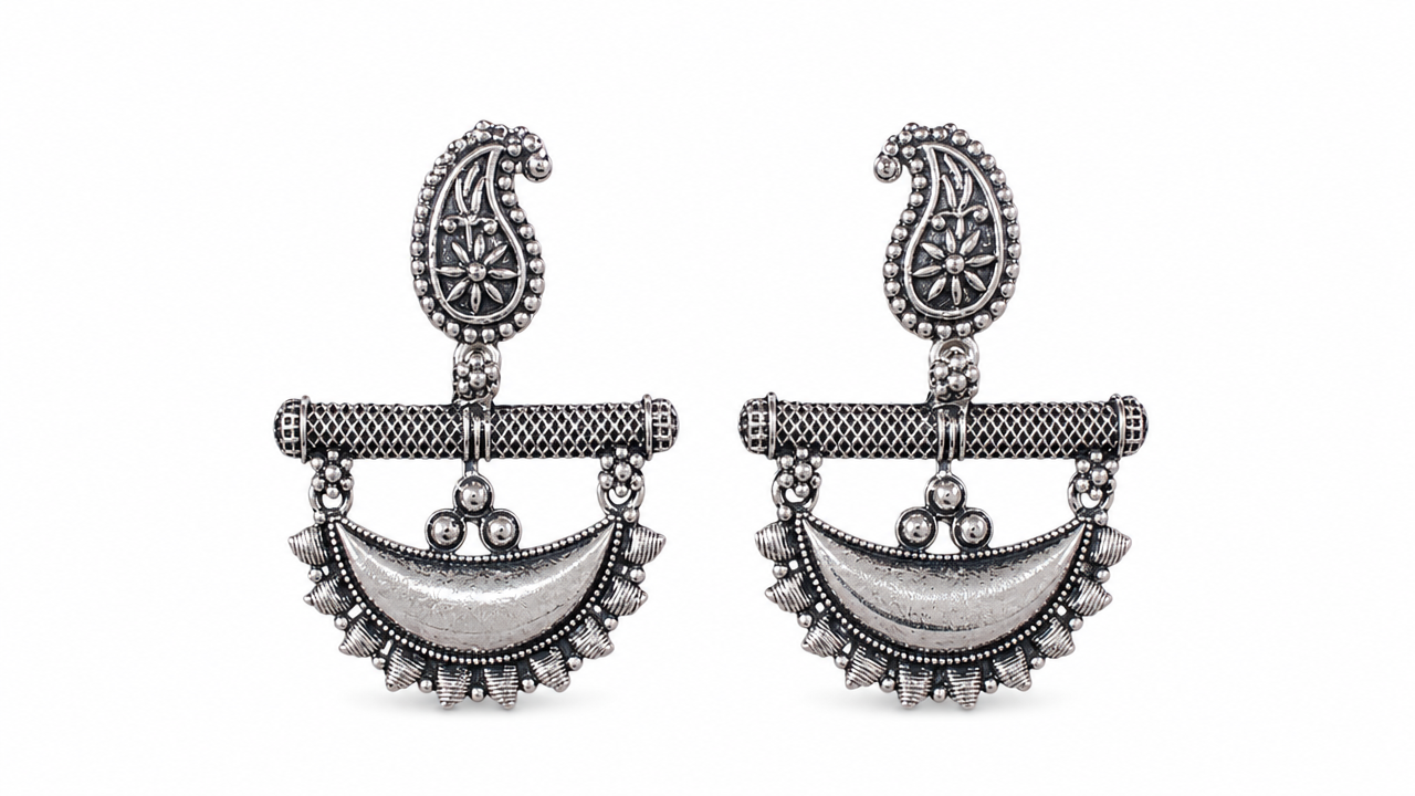 Oxidized Silver Paisley Crescent- Chandbali earrings by Buddhu, product view