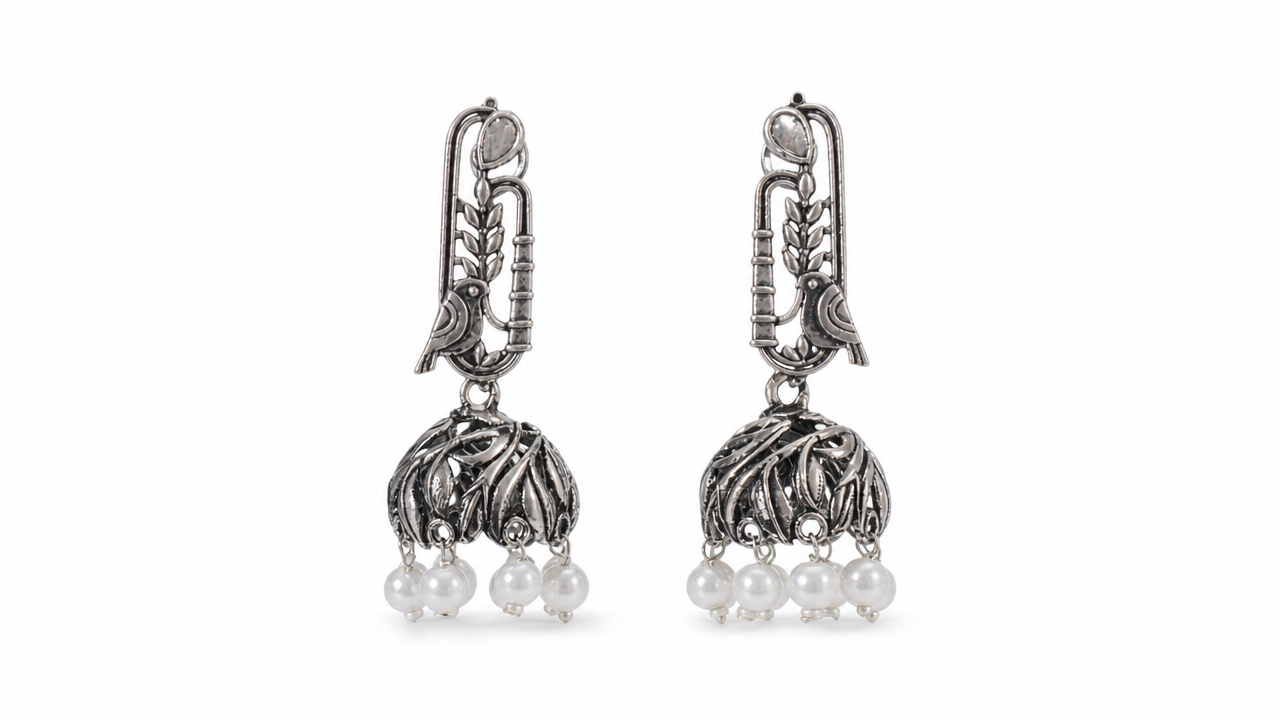 Floral Dome Pearl Jhumka in Oxidized silver product image