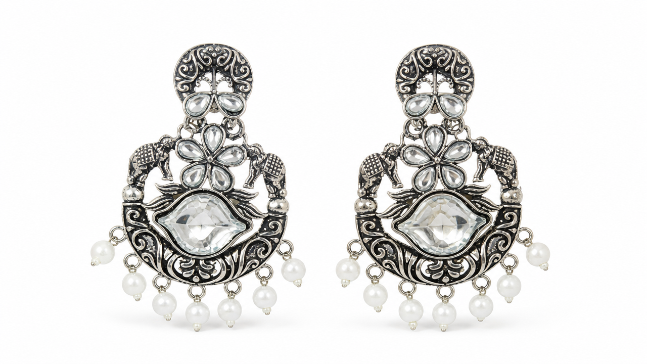 Floral Crystal Pearl Statement in Oxidized silver product image