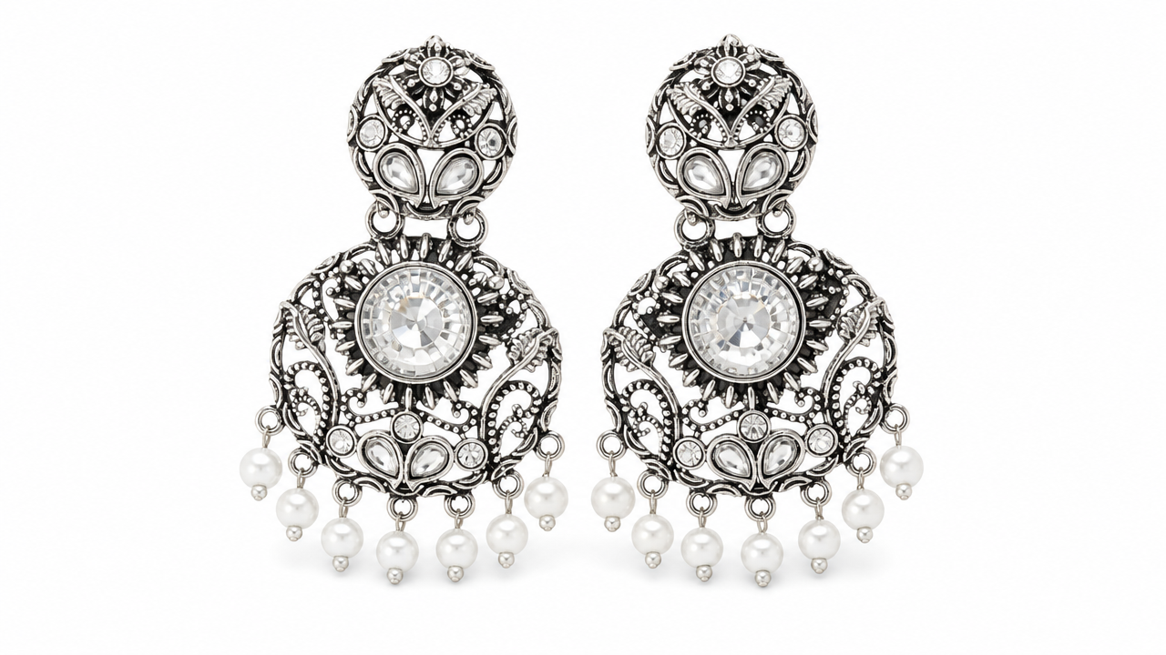 Royal Round Crystal Oxidized Pearl Jhumka