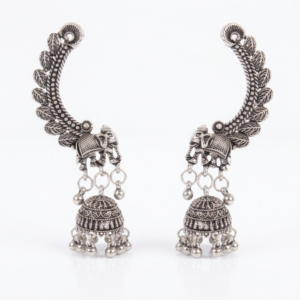 Peacock and Elephant Motif Oxidized Silver Ear Cuff