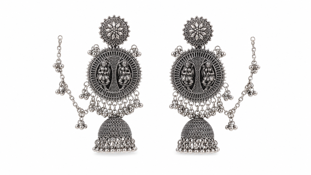 Divine Lakshmi Coin Jhumka with Ear Chain in Oxidized silver product image