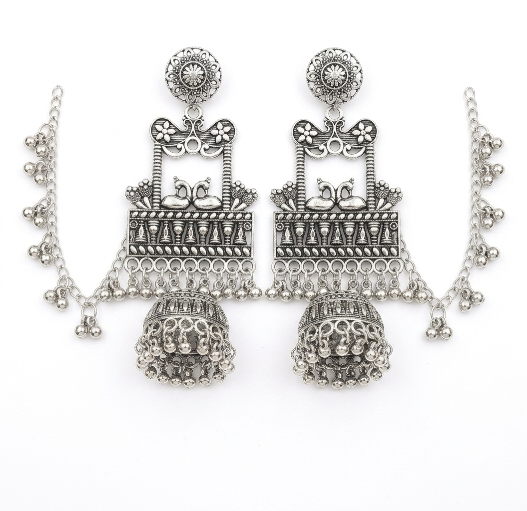 Royal Peacock Arch Oxidized Jhumka in Oxidized silver product image