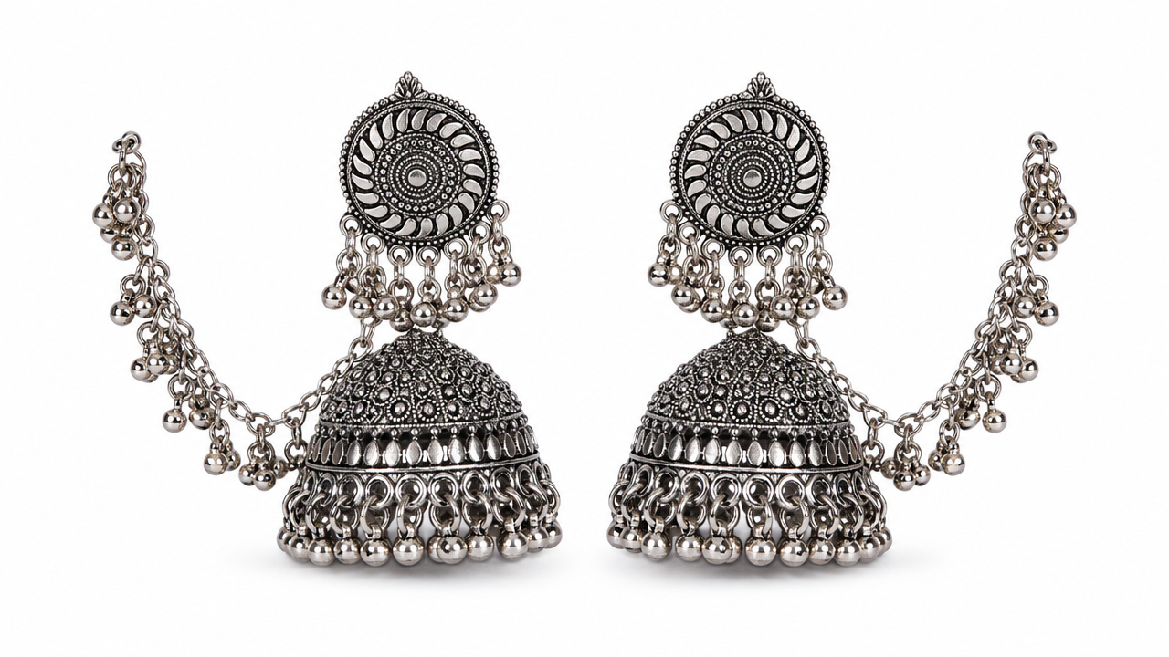 Vintage Floral Filigree Dome Jhumka in Oxidized silver product image