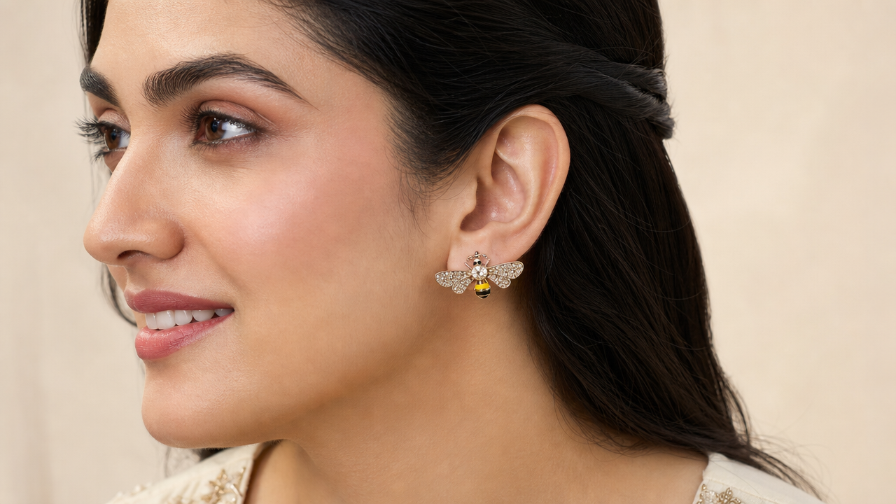 silver Bee- stud in Oxidized silver earrings by Buddhu, worn by a model