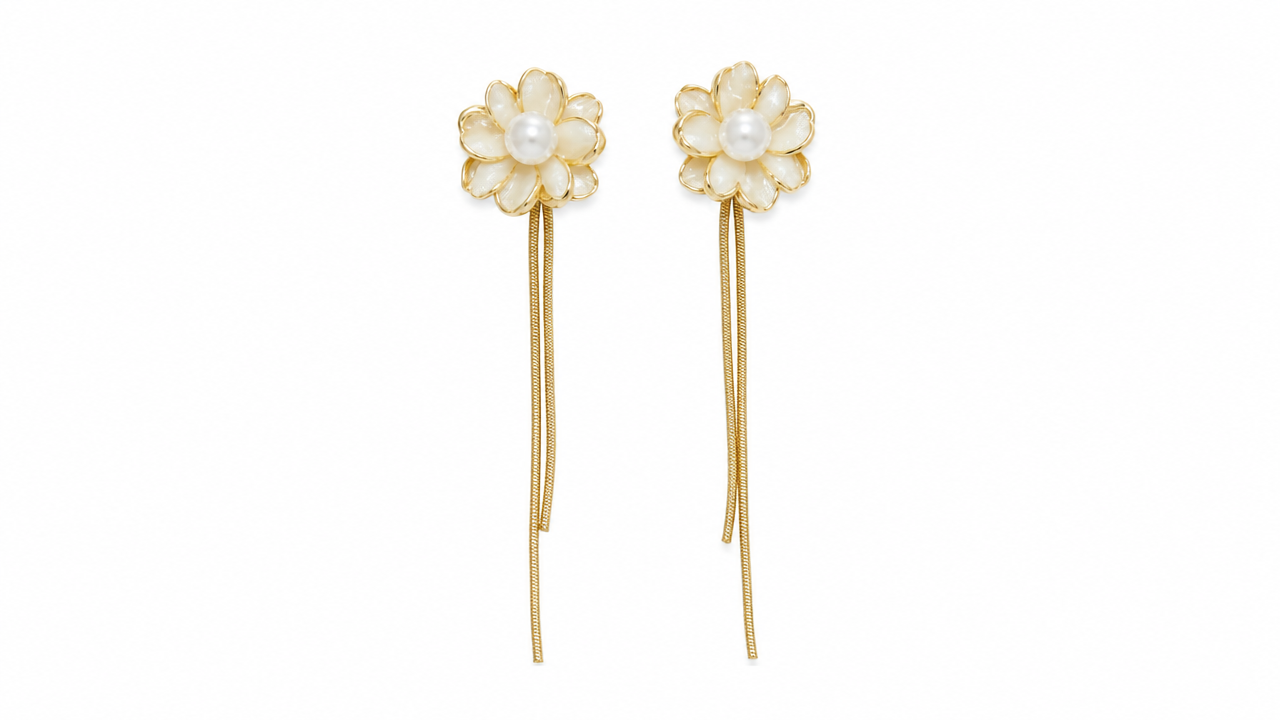 Thread drop Pearl Luna in White earrings by Buddhu, product view