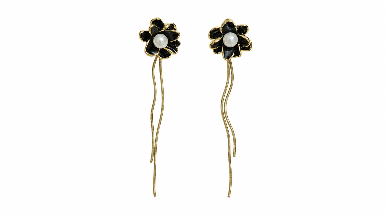 Thread drop Pearl galaxy in Black earrings by Buddhu, product view