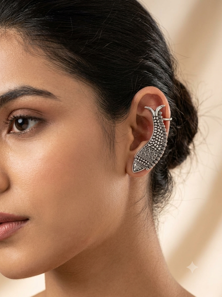Tribal Fish Charm- Ear cuff in Oxidized silver earrings by Buddhu, worn by a model
