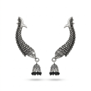 Tribal Fish charm drop- Ear Cuff in Oxidized silver earrings by Buddhu, product view