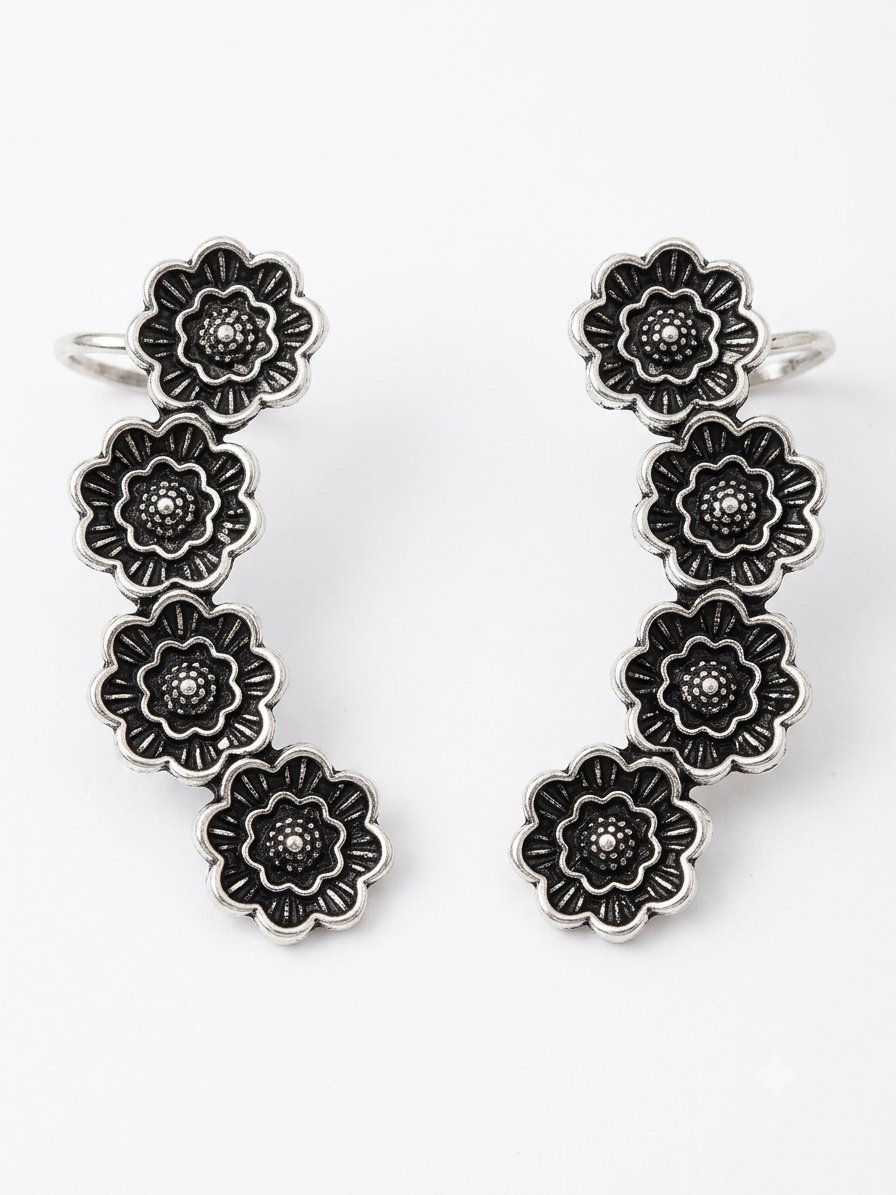Flower Ear Climber- Ear Cuff in Oxidized silver earrings by Buddhu, product view