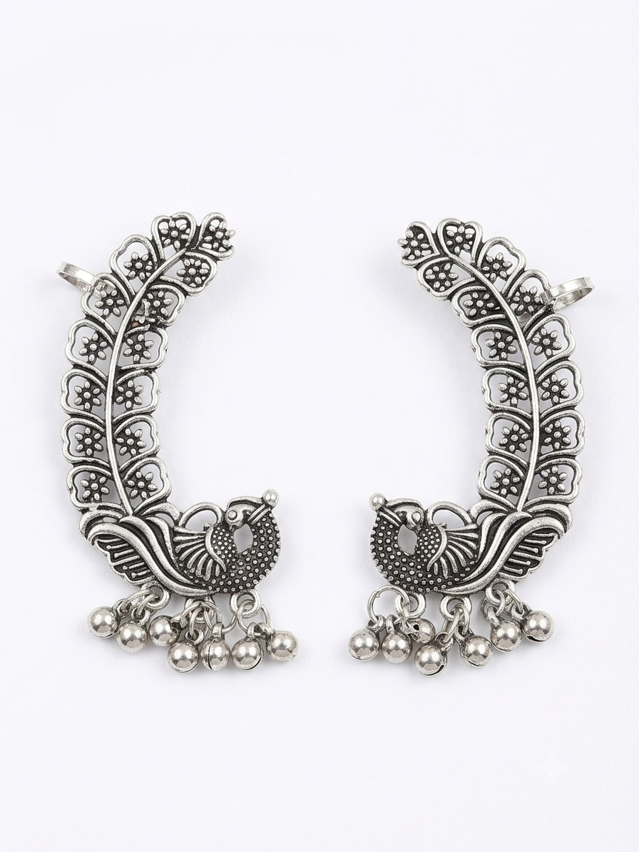 Floral Peacock wrap- Ear Cuff in Oxidized silver earrings by Buddhu, product view
