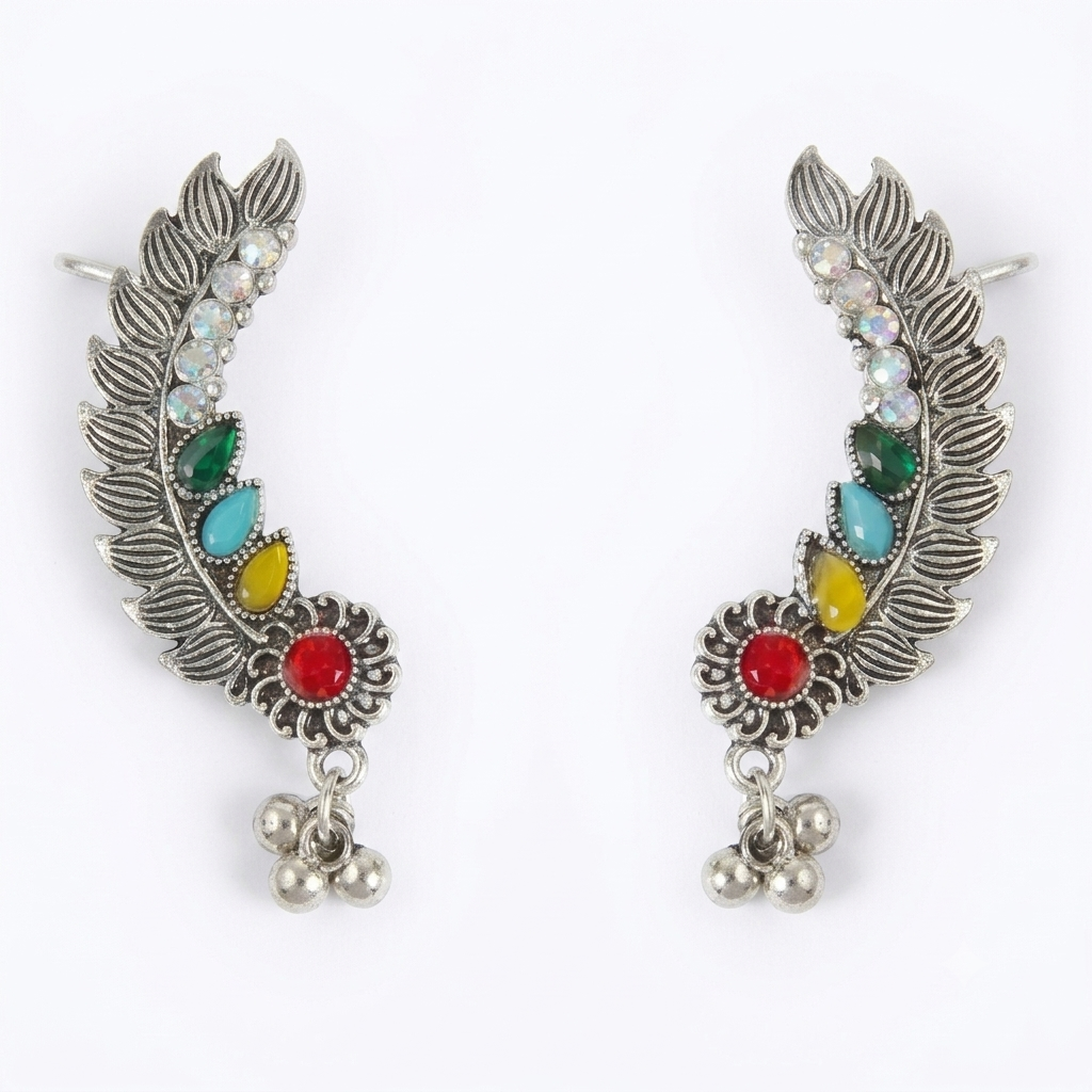 Bohemian Leaf- Ear Cuff in Oxidized silver earrings by Buddhu, product view